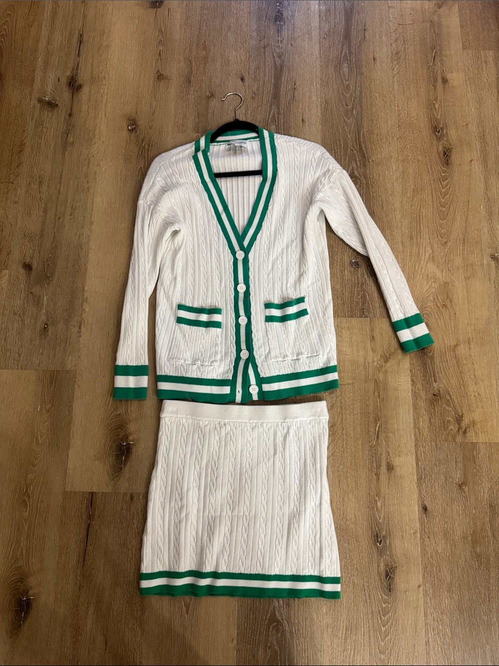 White Cable Knit Cardigan and Skirt Set with Green Stripe Trim